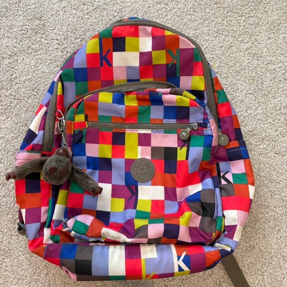 Kipling Multicolor Squares Backpack Unisex Colorful Rainbow Abstract Geometric